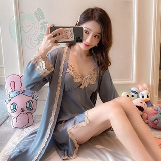 性感誘惑模擬絲睡袍兩件套胸墊睡裙家居服冰絲吊帶高階性感女睡衣睡衣#睡裙冬季睡衣