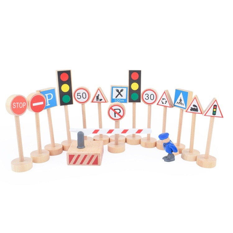 木製路標交通積木  學習認知警示牌軌道配件 配件木質套裝玩具 路牌交通標誌玩具