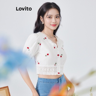 Lovito 女式可愛花卉孔眼刺繡蕾絲泡泡袖女式襯衫 L54ED021 (白色)