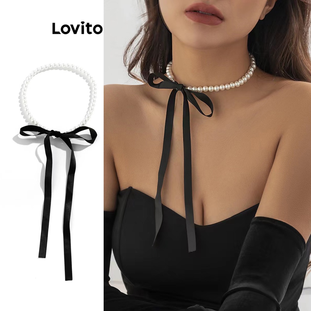 Lovito 女士休閒素色蝴蝶結珍珠項鍊 L63AD018 (白色)