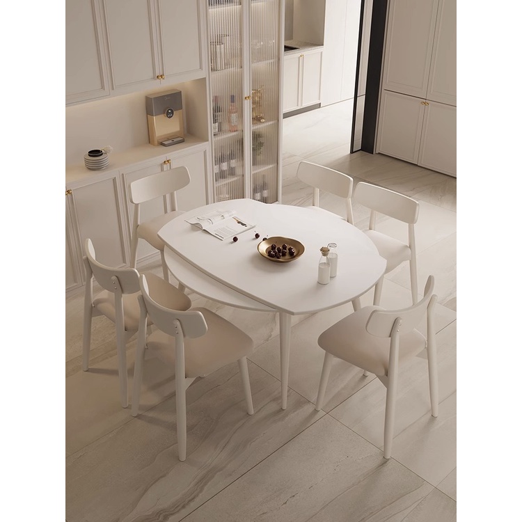 【免運】 白蠟木實木奶油風岩板餐桌小戶型家用現代簡約可伸縮變圓形飯桌椅  餐桌