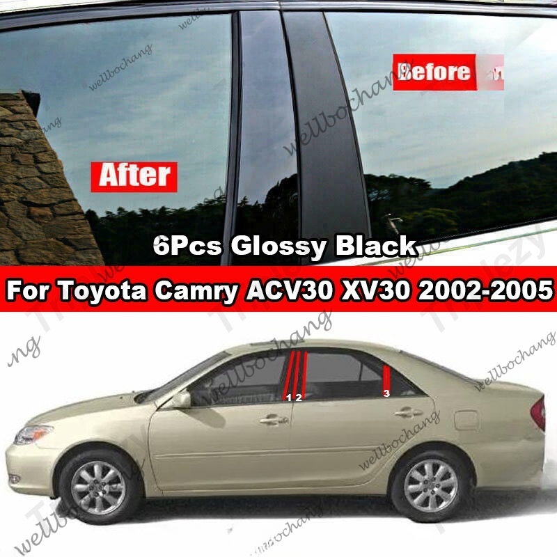 CAMRY 6 件裝車窗門柱 B C 柱柱蓋飾條適用於豐田凱美瑞 ACV30 XV30 2002-2005 光面黑色碳纖