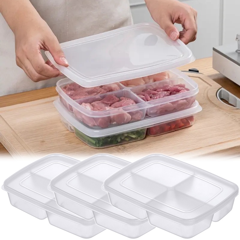 透明食品密封保鮮盒/便攜式水果蔬菜容器/帶蓋廚房收納盒/4格冰箱收納盒/可重複使用保鮮便當盒