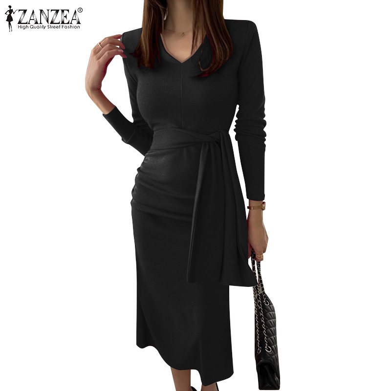 Zanzea 女式韓版時尚 V 領長袖繫帶束腰包臀純色連衣裙