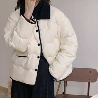 🌟Lovely愛出貨🌟大白鴨短款羽絨服2023年新款韓版薄款燈芯絨拼接襯衫領白鴨絨外套防風外套 保暖外套