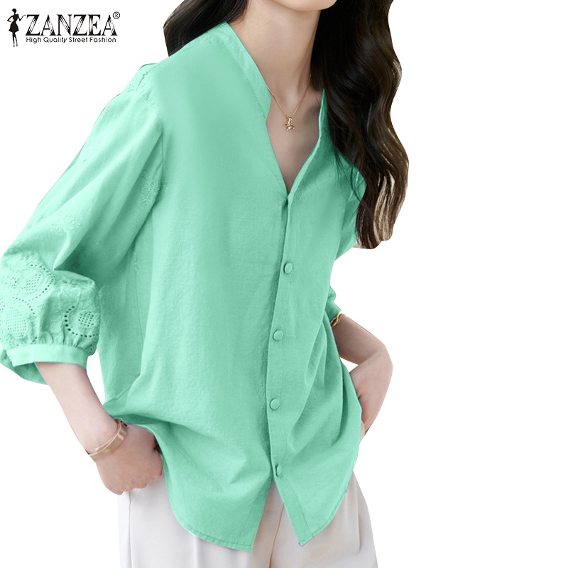 Zanzea 女式韓版通勤 V 領 3/4 袖鈕扣蕾絲寬鬆上衣