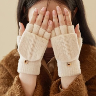 針織翻蓋半指手套冬季女式男士學生純色保暖手套女孩連指手套女女士騎行手套