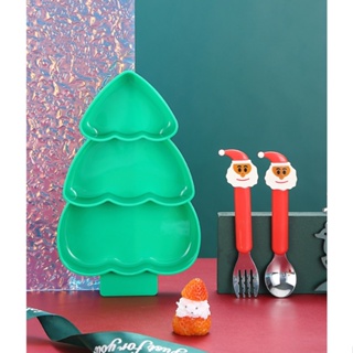 【C♥L】耶誕節 兒童餐具 叉勺 寶寶輔食盤 耶誕樹 分格餐盤 幼兒園餐具