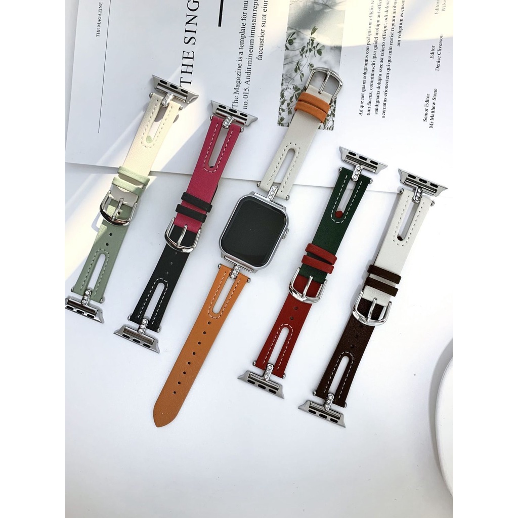 新設計！拼色鑲鑽鏤空皮質錶帶 iwatch錶帶 Apple Watch錶帶 適用蘋果表帶S7/S8/S9 錶帶