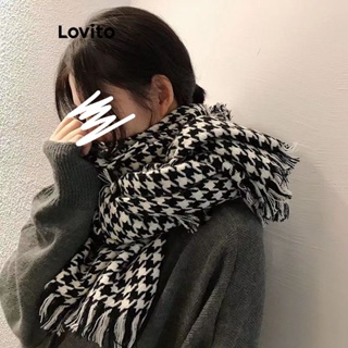 Lovito 學院千鳥格幾何流蘇保暖格紋簡約女用針織圍巾LFA10135