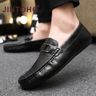 Jintoho Slip on Men 皮鞋時尚男士休閒韓版樂福鞋一腳蹬軟皮工作鞋舒適辦公平底鞋