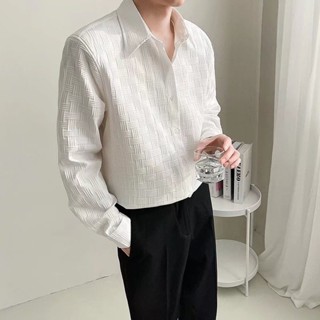 男士時尚韓國休閒垂墜襯衫流行華夫格大碼中性長袖襯衫