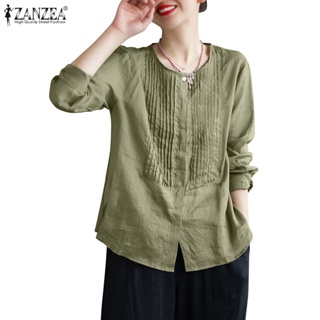 Zanzea 女式韓版純色圓領長袖鈕扣袖口褶襉襯衫