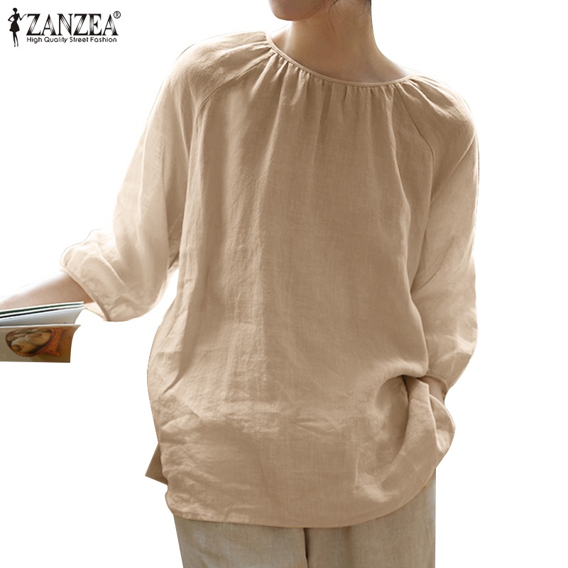 Zanzea 女式韓版 3/4 袖褶襉領口開叉下擺純色襯衫