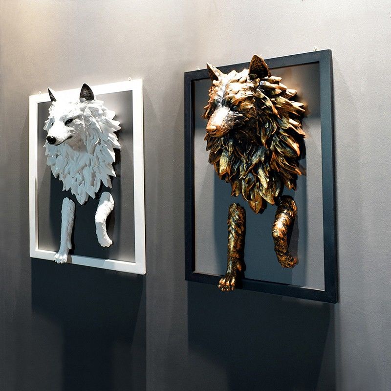 泰式雕刻 墻面掛件 相框 歐式狼頭墻麵裝飾壁掛客廳玄關電視背景墻飾立體創意樹脂動物掛件