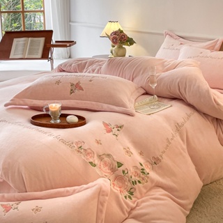 北歐風 牛奶絨床包組 重工刺繡法蘭絨床包四件組 雙人 加大雙人床包 法蘭絨床包 舒適裸睡 床單 床罩 被套 枕套
