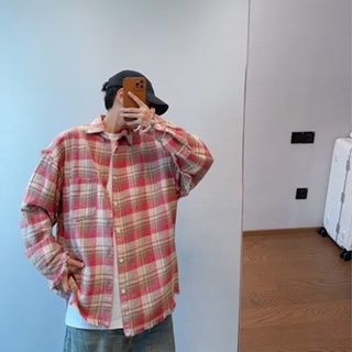 男士長袖襯衫韓版大口袋大碼中性流行款式格子襯衫