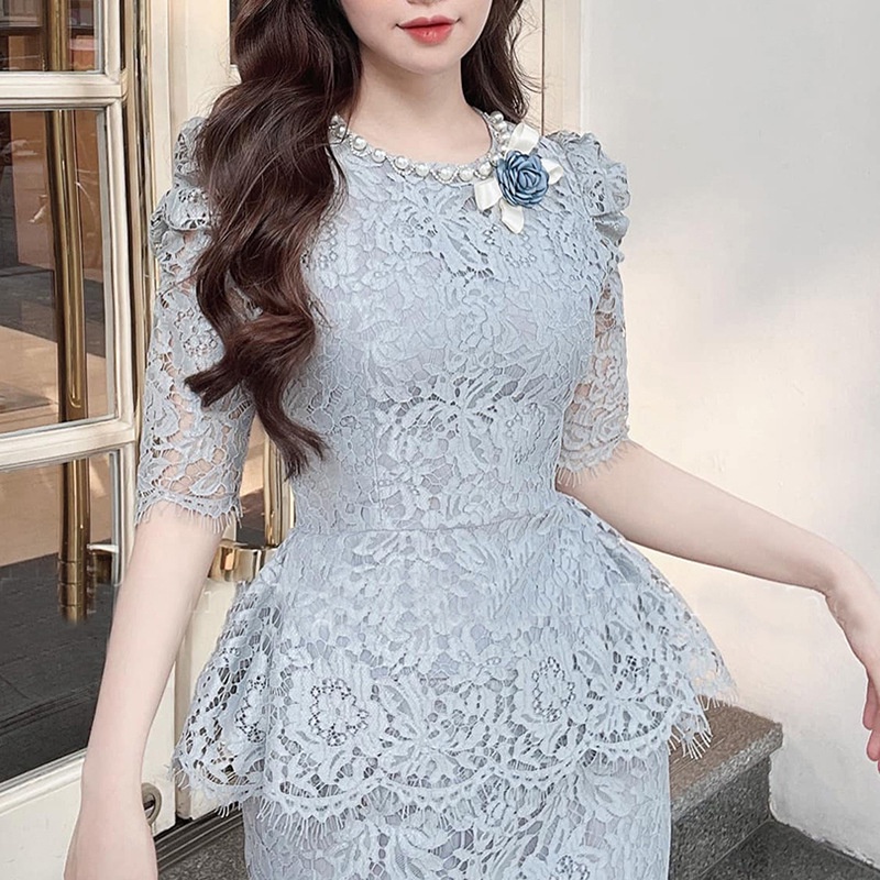 越南小眾設計師2024春季新款雅緻恬靜蕾絲名媛收腰洋裝套裝1618