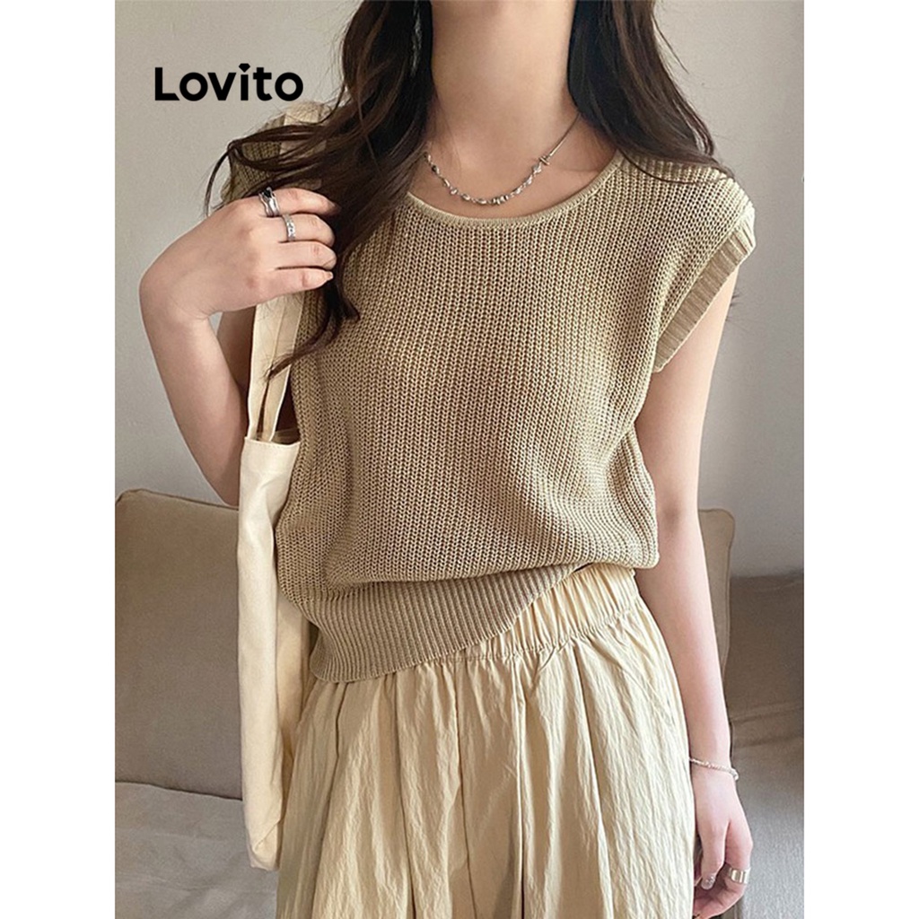 Lovito 女士休閒素色拼接基本款 T 恤 LNE21252 (卡其色/杏色/淺粉紅色)