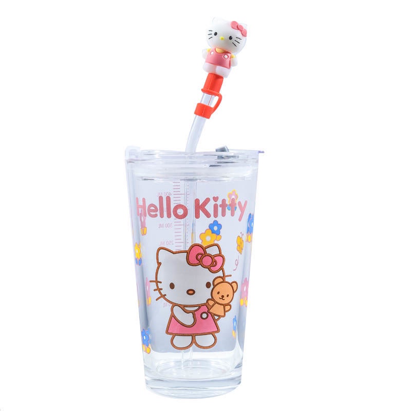 hello kitty網紅吸管玻璃杯  凱蒂貓玻璃杯  粉色刻度杯牛奶咖啡杯