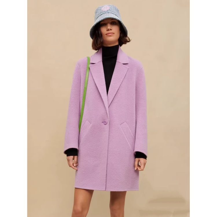 [auth]Lechika 時尚羊毛混紡中長款紫色雙面呢大衣外套 Maje2023