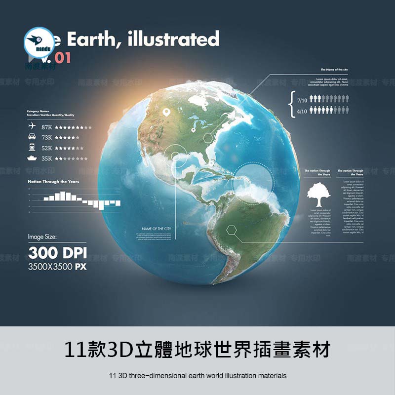 [設計元素] 逼真3D立體地球儀世界地圖插畫海報信息圖表元素PSD分層設計素材
