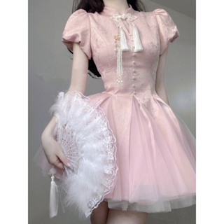 改良旗袍粉色洋裝夏季設計感小眾流蘇盤扣公主裙
