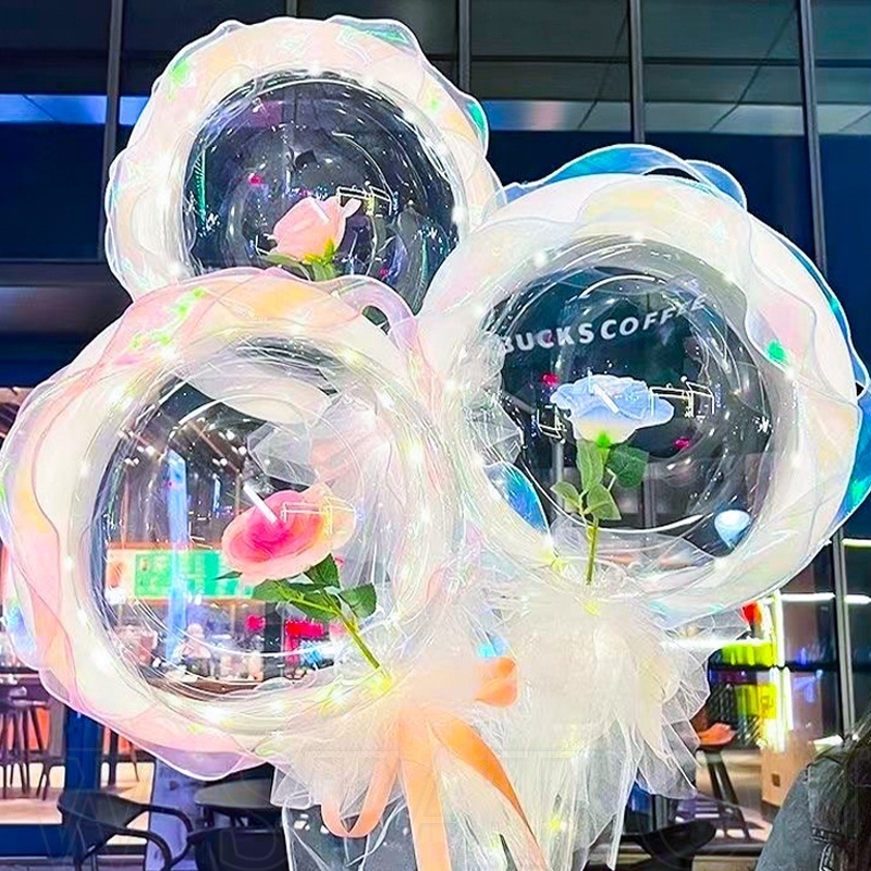 1 套 LED 夜光玫瑰氣球 - 粉色黃色藍色玫瑰花束手持氣球 - DIY 浪漫花朵波波球燈 - 情人節婚禮派對裝飾