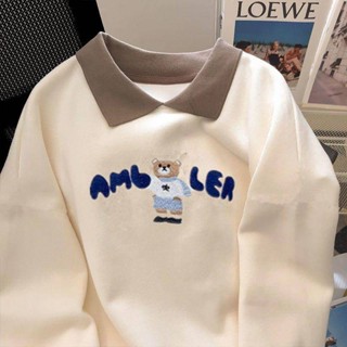 衛衣女刺繡POLO領秋季新款2023寬鬆遮肚子上衣減齡長袖T恤上衣
