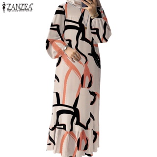 Zanzea 女士穆斯林燈籠袖褶襉開叉後領印花連衣裙