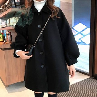 新款秋冬季毛呢襯衫外套女學生中長款韓版寬松小個子百搭呢子大衣