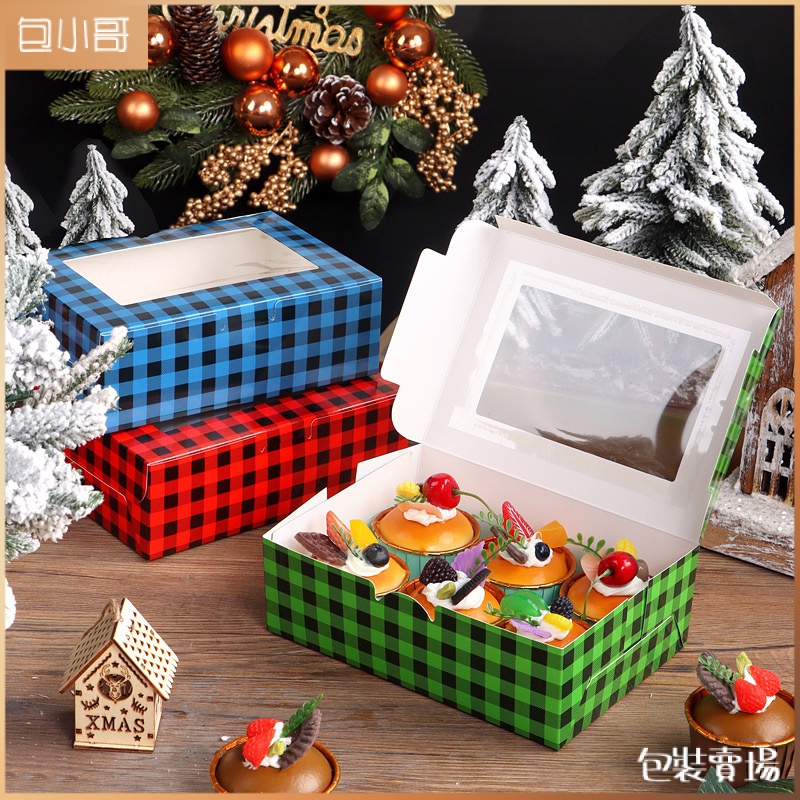 [耶誕節] 滿版格仔包裝盒 甜品包裝盒 3款顏色 開窗設計 紙杯蛋糕包裝盒 耶誕包裝盒 禮盒包裝盒