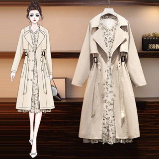 🌟 Lovely愛出貨 大尺碼M~5XL 大碼女裝秋季2024年新款女胖妹妹顯瘦風衣外套碎花連衣裙兩件套裝 小香風