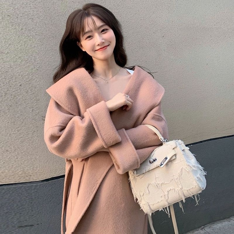 【HOT 本舖】 S-XL 外套 2023冬季粉色小眾氣質毛呢外套 韓系高級感小個子呢子大衣