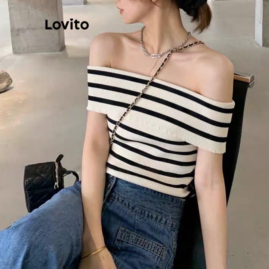 Lovito 女用優雅條紋挖肩針織上衣 LNE39121 (杏色)