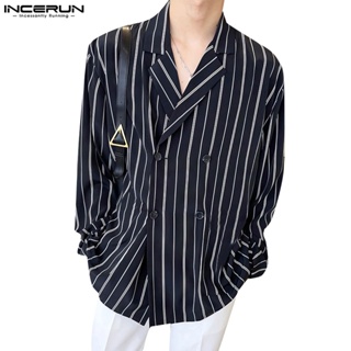 Incerun 男士韓國設計寬鬆長袖條紋日常休閒襯衫