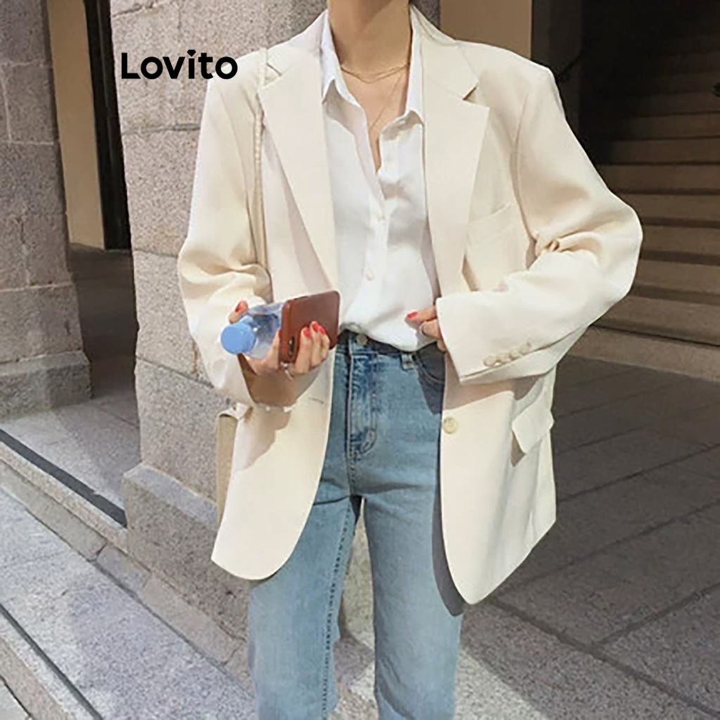 Lovito 女休閒素色羈扣口袋西裝外套 LNE36107 (米白色)