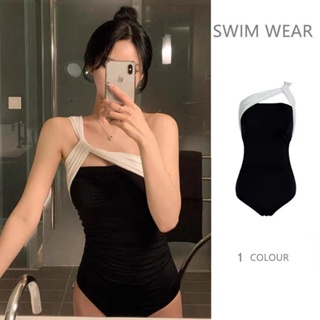 泳衣女黑白鏤空連體遮肚顯瘦速乾高級感度假溫泉泳裝