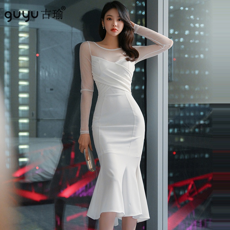 2024春季新款韓版氣質緊身中長款拼接網紗時尚魚尾裙洋裝女