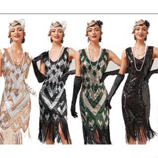 復古 1920 年代擋板連衣裙了不起的蓋茨比舞會晚會亮片流蘇花式服裝女式連衣裙