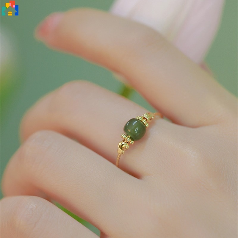 女士女孩簡約時尚仿玉髓幸運戒指精緻時尚綠珠金屬可調節戒指首飾