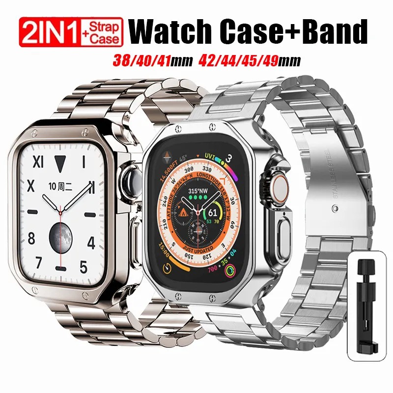 不銹鋼錶帶+Tpu錶殼適用於 Apple Watch Ultra 2 49mm 8 7 41 45mm 三株钢带 保护壳