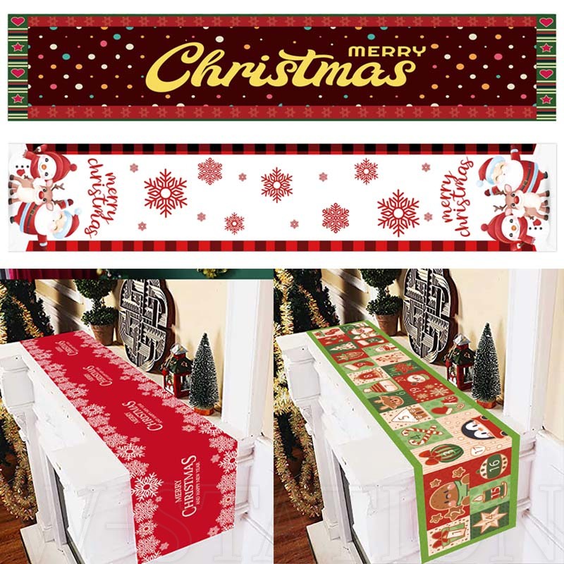 聖誕桌布 / 聖誕老人 &amp; 雪人 &amp; 麋鹿裝飾桌旗 / 紅綠節日派對桌墊 / 電視櫃裝飾布