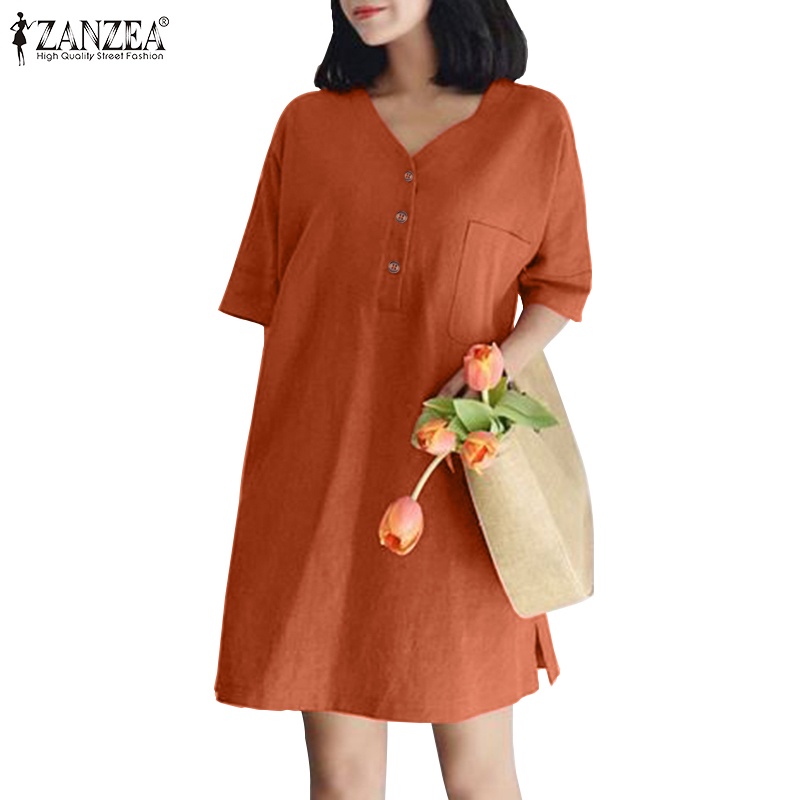 Zanzea 女式韓版寬鬆 V 領口袋鈕扣短袖純色連衣裙