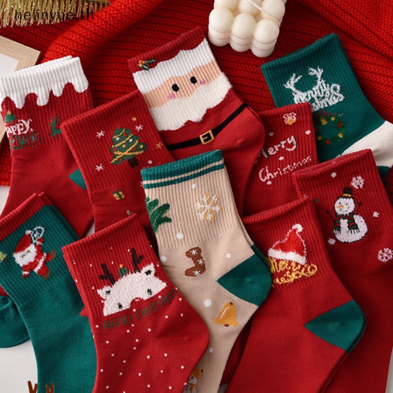 Helinyue 1 雙聖誕襪純棉卡通保暖可愛女士女孩襪子搞笑聖誕老人聖誕樹雪印花快樂純棉柔軟保暖襪 TH