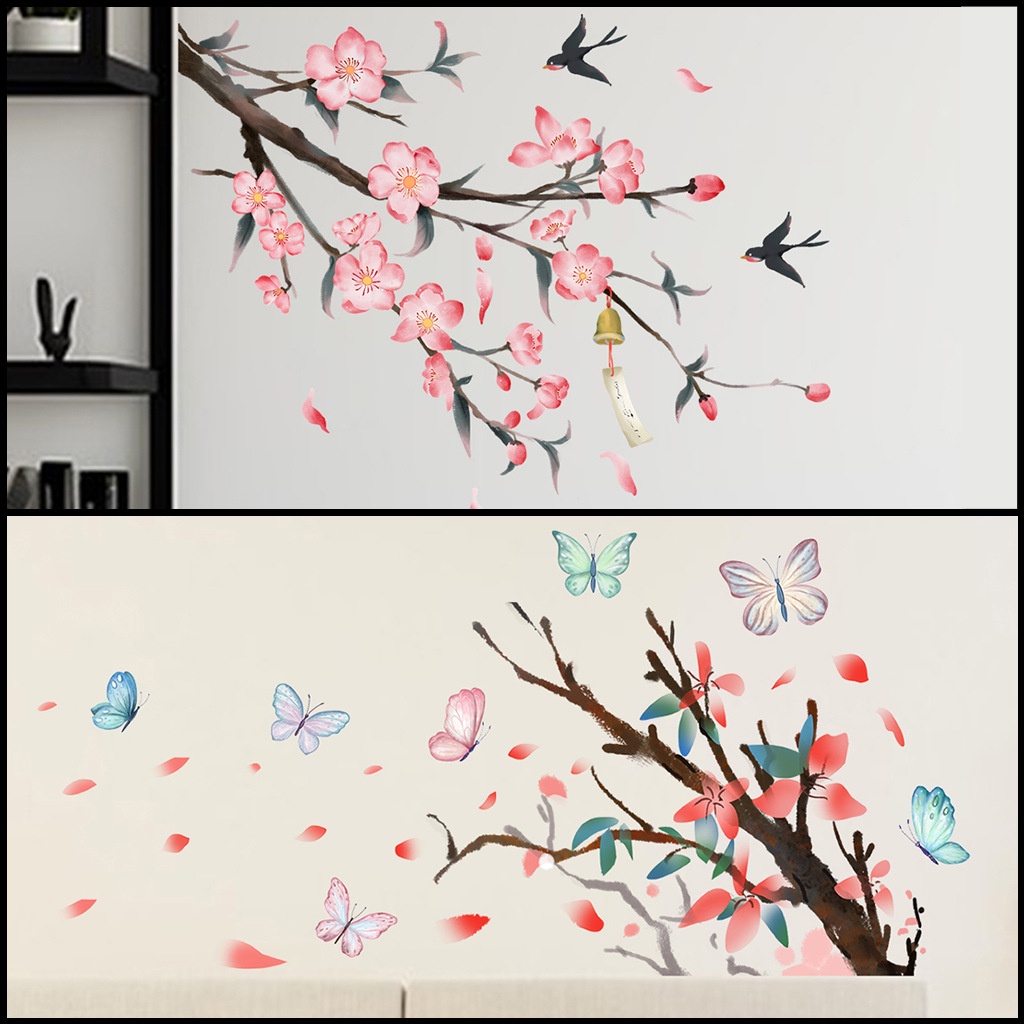 Pvc壁紙貼紙植物櫻花樹枝麻雀蝴蝶自粘貼紙客廳臥室裝飾牆貼沙發牆飾客廳餐廳
