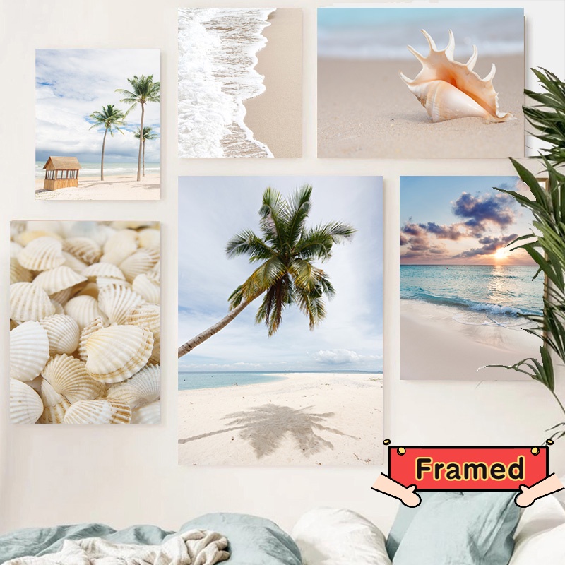 帶框夏季海邊海灘海報帶框衝浪板椰子樹風景牆藝術裝飾帆布畫客廳家居壁畫