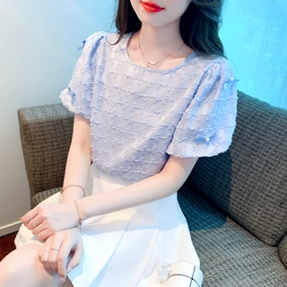 獨特別緻泡泡袖雪紡上衣女夏法式溫柔小香風韓系甜美減齡藍色襯衫