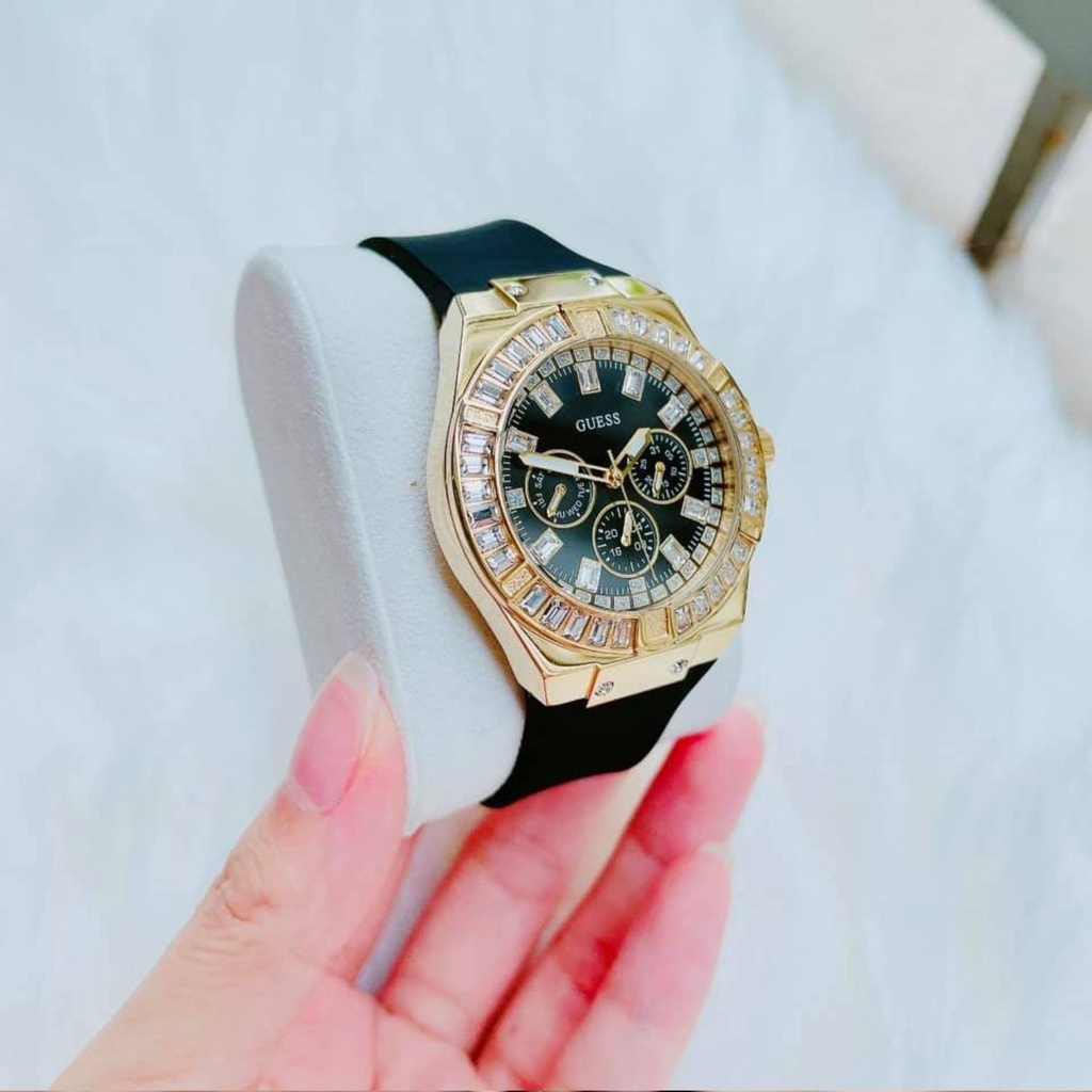 Guess 蓋斯 手錶 女 高檔 黑金 鑲鑽 矽膠 大表盤 多功能 三眼 錶帶 時尚 女錶