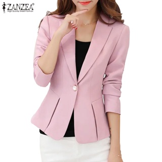 Zanzea 女式韓版時尚翻領長袖鈕扣拼接純色腰部西裝外套